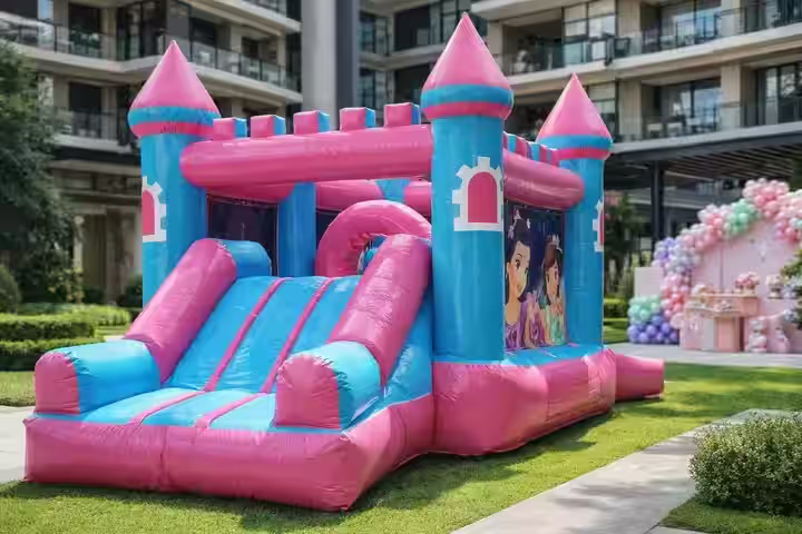 Inflable princesas rosas para renta - Detalle princesas castillo inflable Ciudad de México
