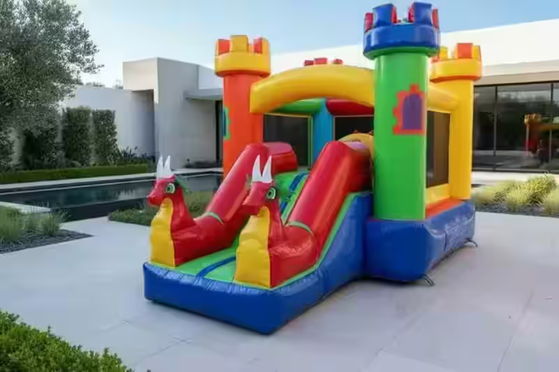 Inflable para fiestas Dragones Rojos - Vista lateral castillo inflable renta CDMX